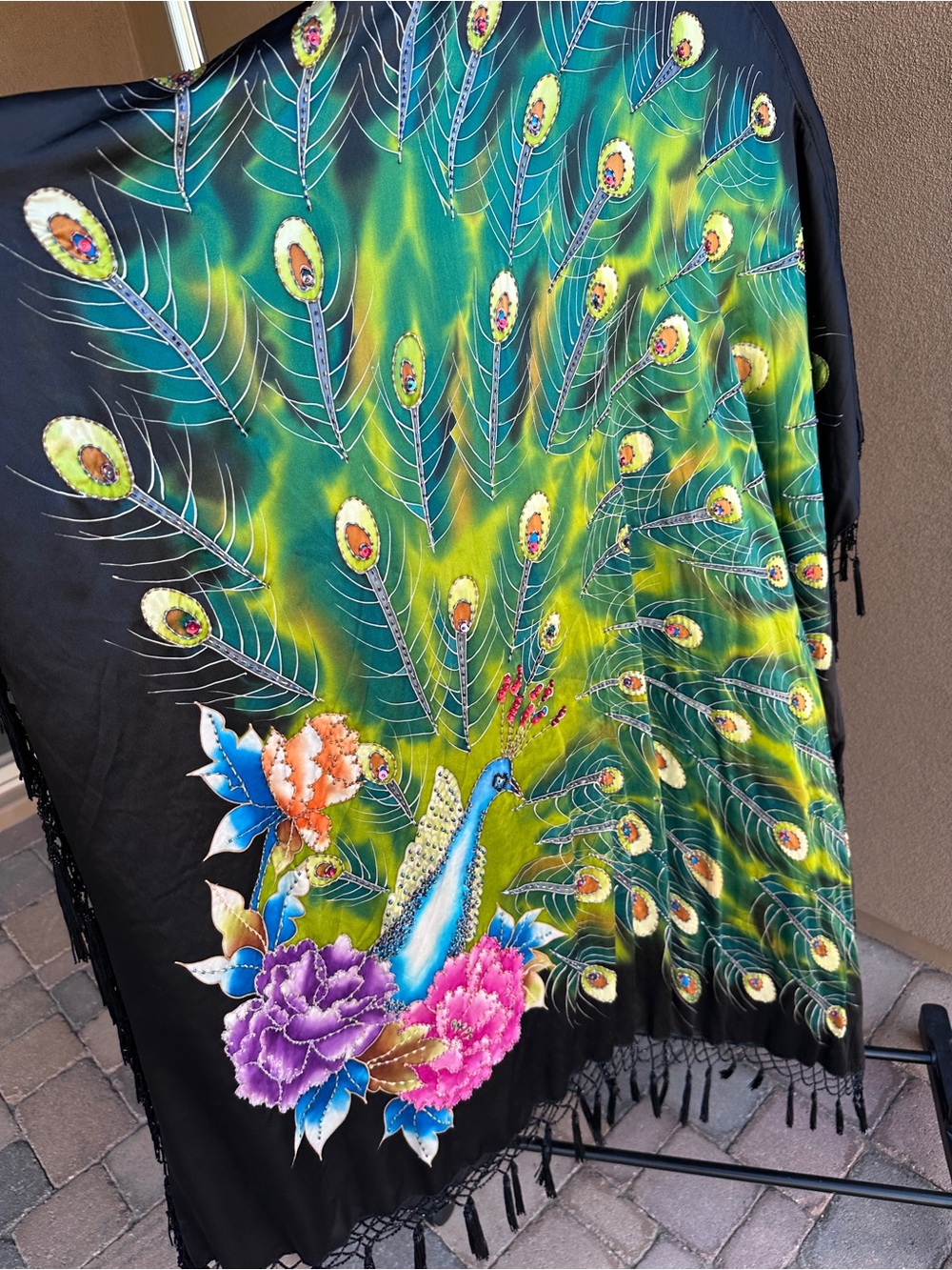 Vintage Silky Kimono Duster Jacket Beaded Fringe Peacock Feather Opera Cape